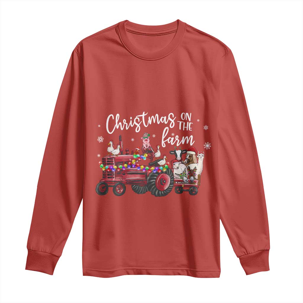 Funny Christmas On The Farm Long Sleeve Shirt Vintage Red Tractor Livestock - Wonder Print Shop