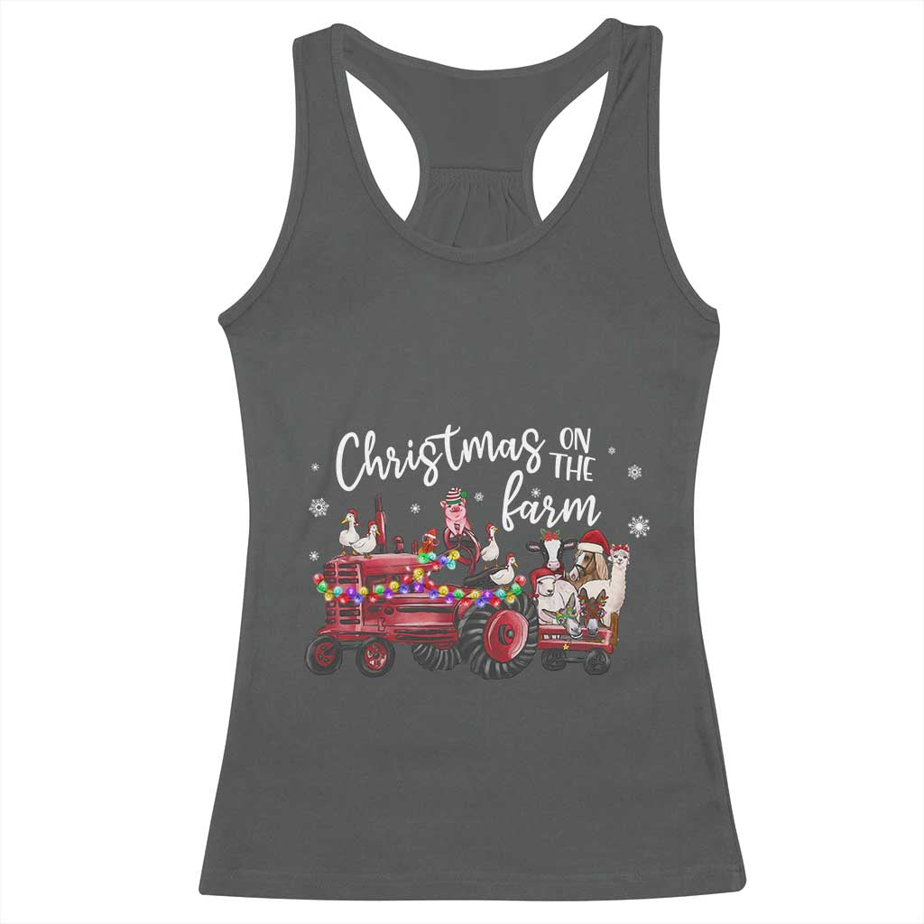 Funny Christmas On The Farm Racerback Tank Top Vintage Red Tractor Livestock - Wonder Print Shop