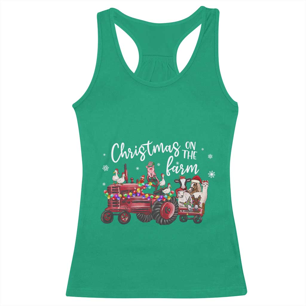 Funny Christmas On The Farm Racerback Tank Top Vintage Red Tractor Livestock - Wonder Print Shop