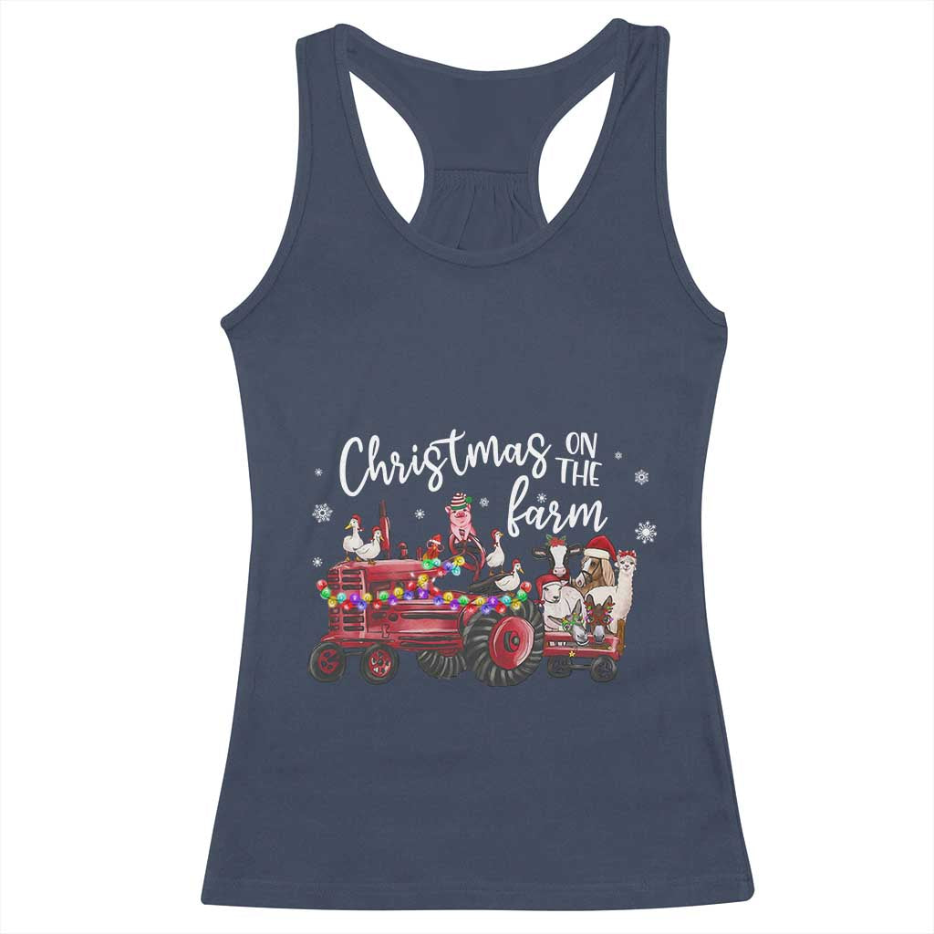 Funny Christmas On The Farm Racerback Tank Top Vintage Red Tractor Livestock - Wonder Print Shop