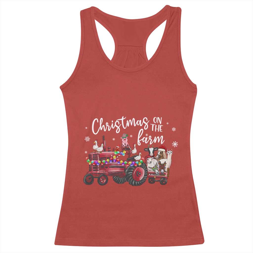 Funny Christmas On The Farm Racerback Tank Top Vintage Red Tractor Livestock - Wonder Print Shop