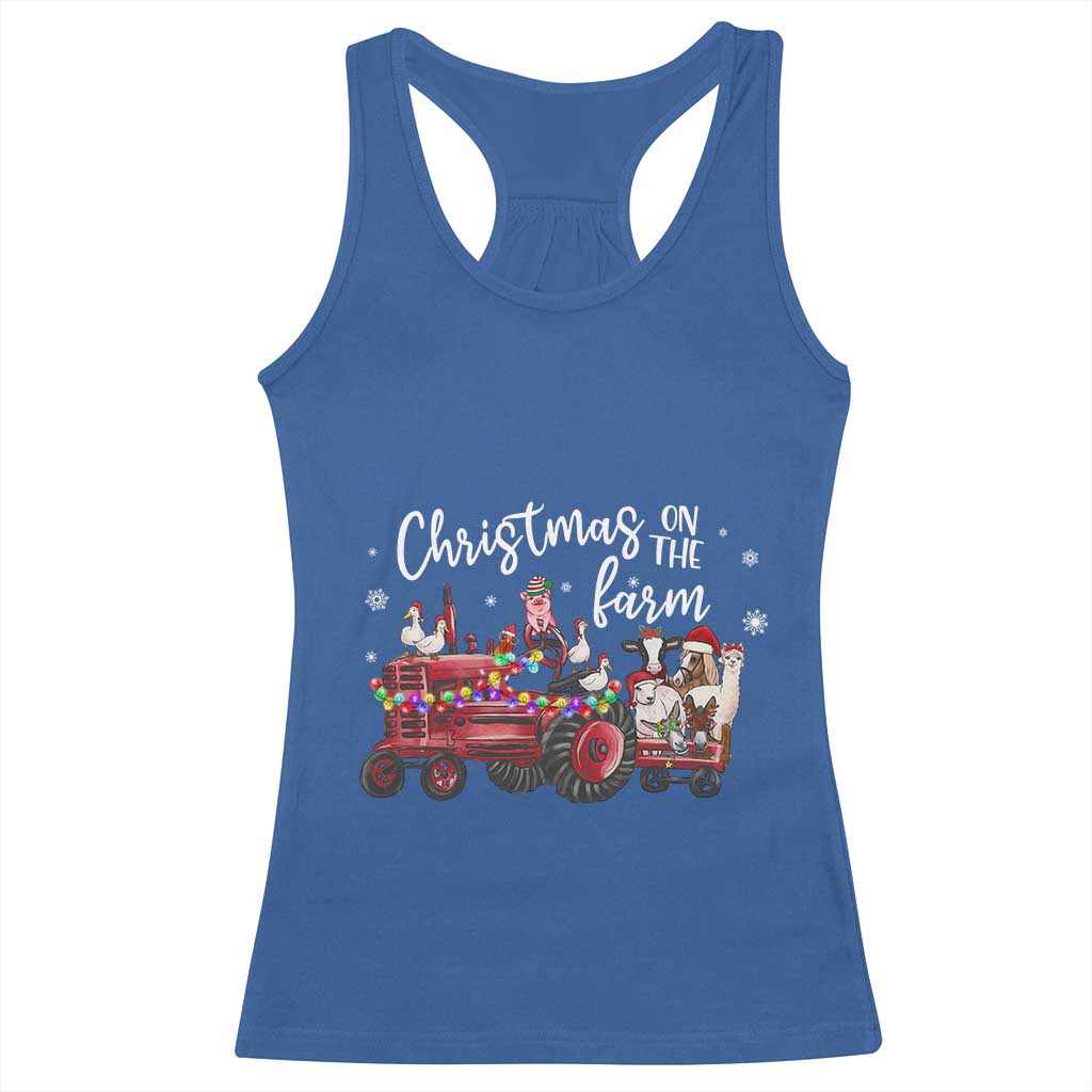 Funny Christmas On The Farm Racerback Tank Top Vintage Red Tractor Livestock - Wonder Print Shop