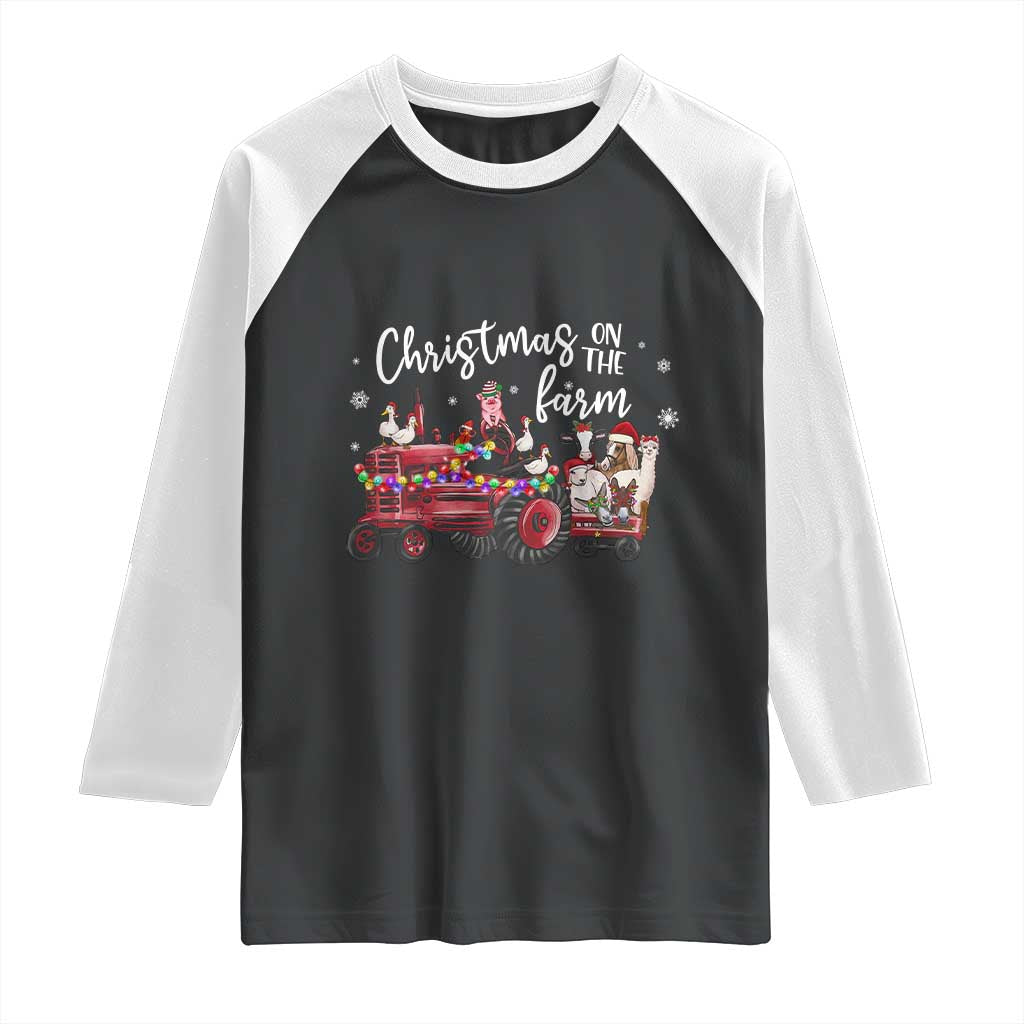 Funny Christmas On The Farm Raglan Shirt Vintage Red Tractor Livestock - Wonder Print Shop