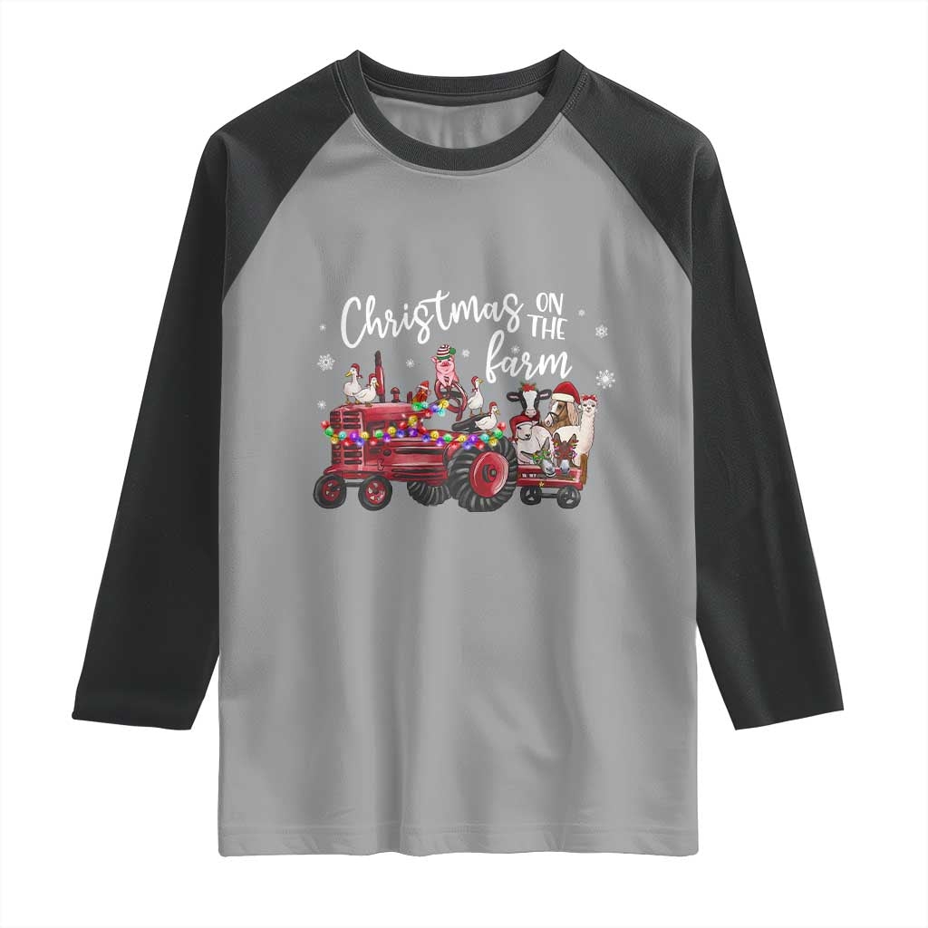 Funny Christmas On The Farm Raglan Shirt Vintage Red Tractor Livestock - Wonder Print Shop