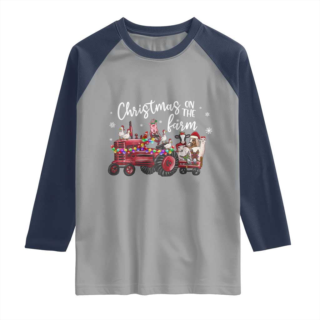 Funny Christmas On The Farm Raglan Shirt Vintage Red Tractor Livestock - Wonder Print Shop