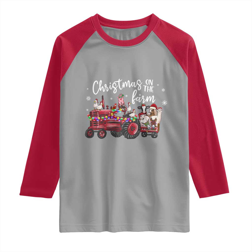 Funny Christmas On The Farm Raglan Shirt Vintage Red Tractor Livestock - Wonder Print Shop