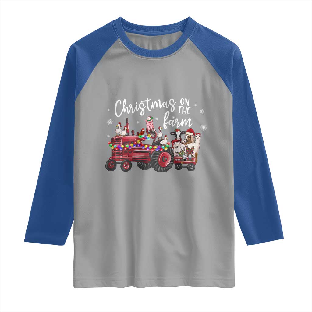Funny Christmas On The Farm Raglan Shirt Vintage Red Tractor Livestock - Wonder Print Shop