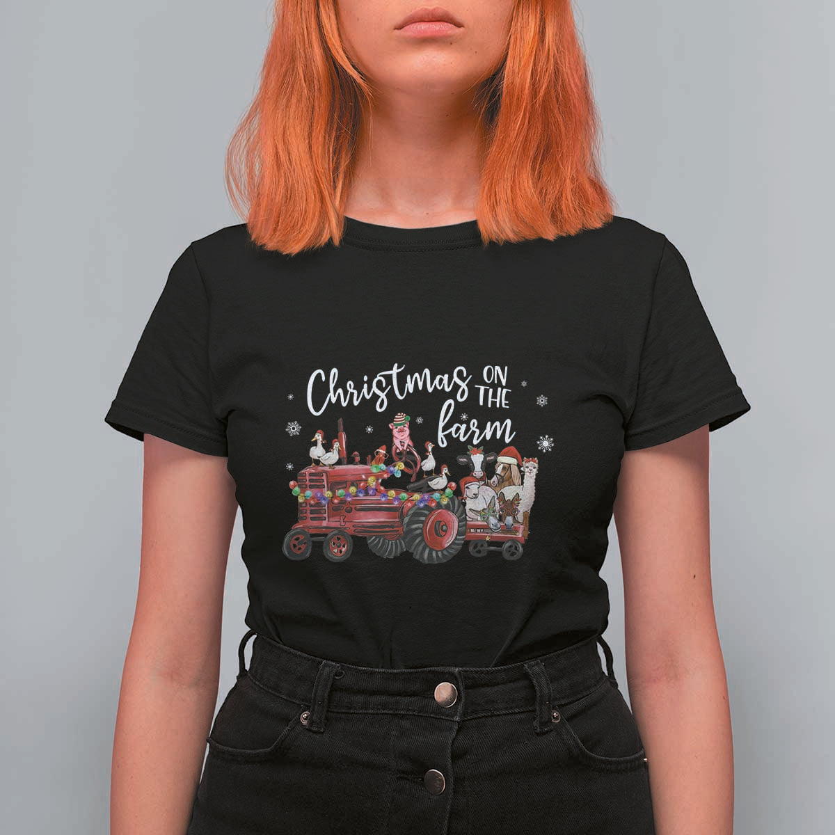 Funny Christmas On The Farm T Shirt For Women Vintage Red Tractor Livestock - Wonder Print Shop