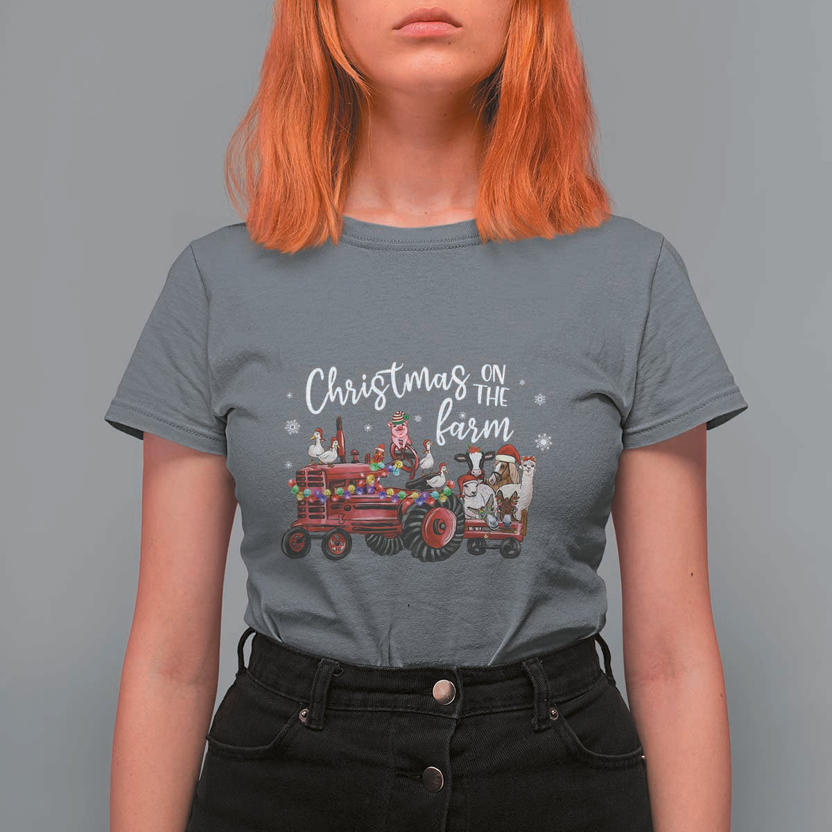 Funny Christmas On The Farm T Shirt For Women Vintage Red Tractor Livestock - Wonder Print Shop