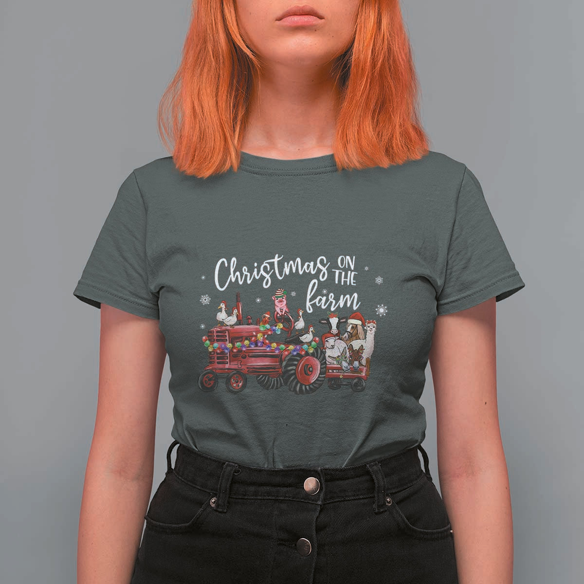 Funny Christmas On The Farm T Shirt For Women Vintage Red Tractor Livestock - Wonder Print Shop