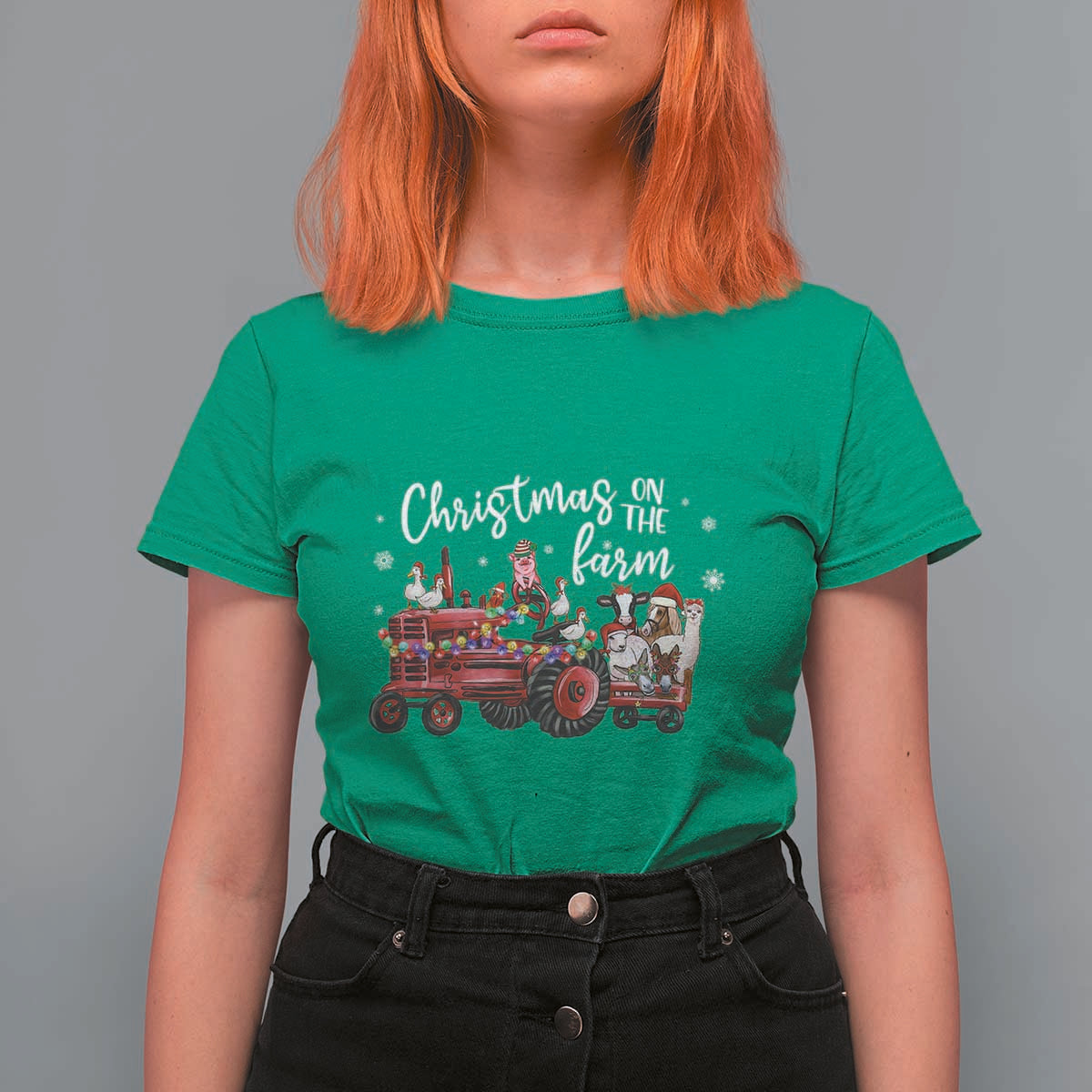 Funny Christmas On The Farm T Shirt For Women Vintage Red Tractor Livestock - Wonder Print Shop