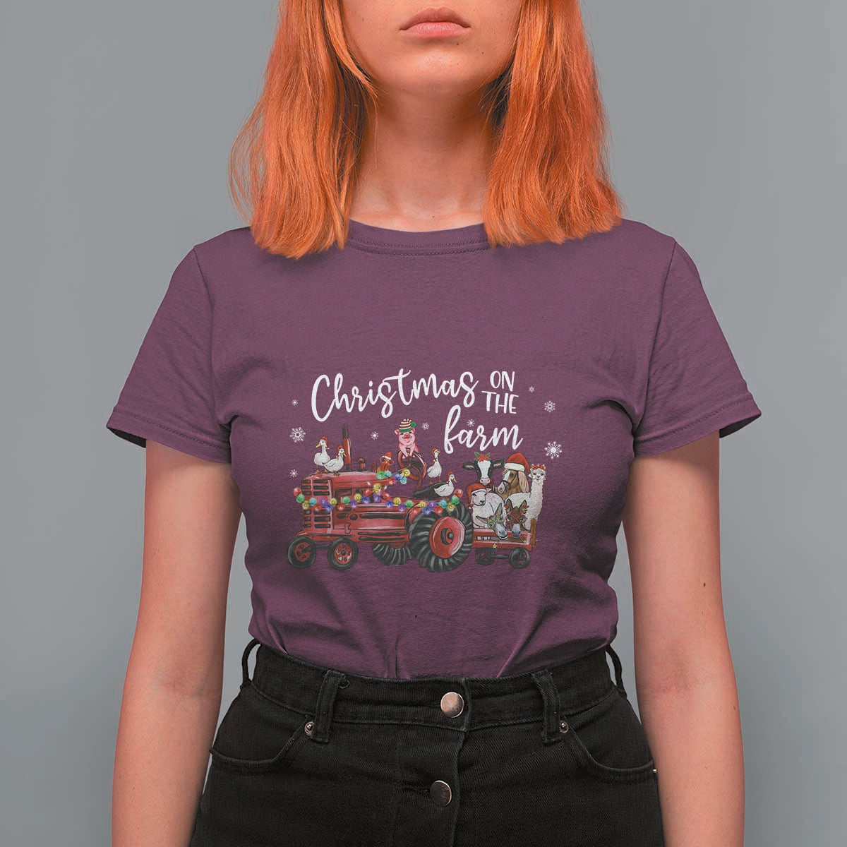 Funny Christmas On The Farm T Shirt For Women Vintage Red Tractor Livestock - Wonder Print Shop