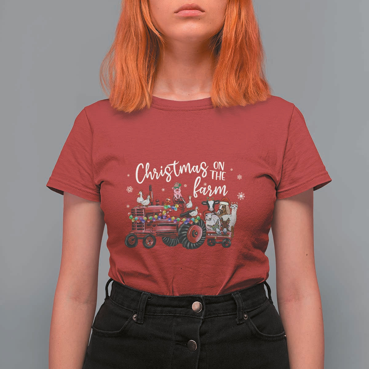 Funny Christmas On The Farm T Shirt For Women Vintage Red Tractor Livestock - Wonder Print Shop