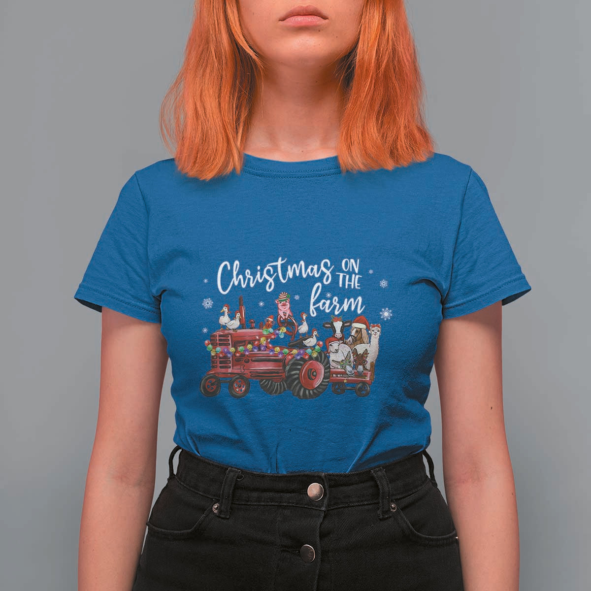 Funny Christmas On The Farm T Shirt For Women Vintage Red Tractor Livestock - Wonder Print Shop