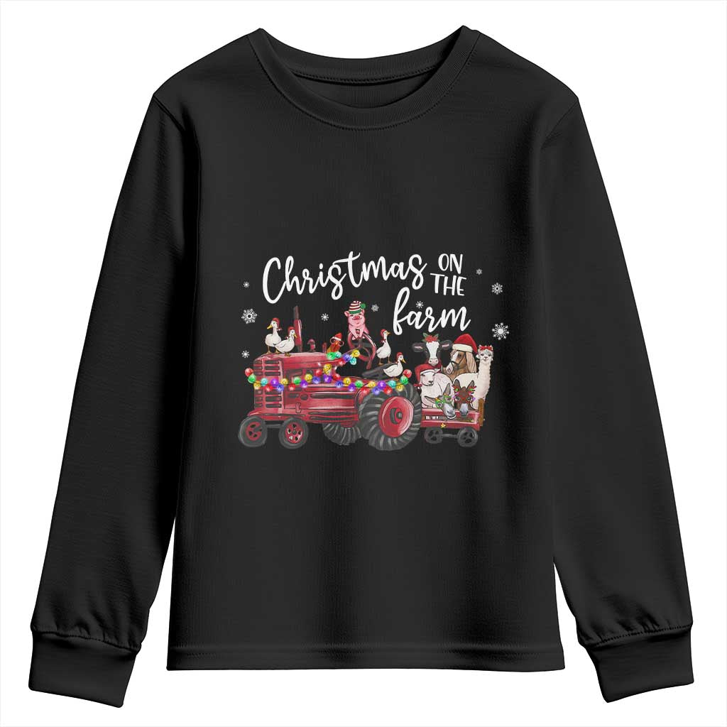Funny Christmas On The Farm Youth Sweatshirt Vintage Red Tractor Livestock - Wonder Print Shop