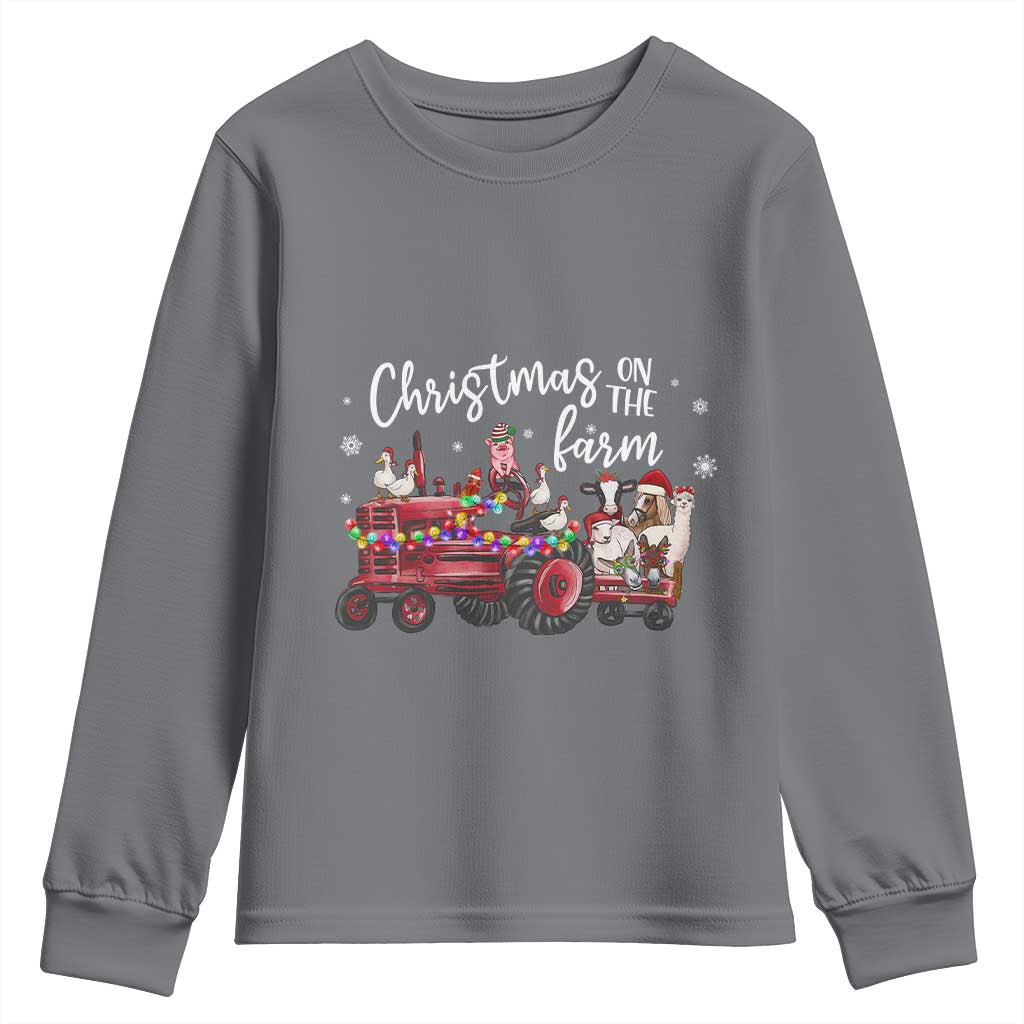 Funny Christmas On The Farm Youth Sweatshirt Vintage Red Tractor Livestock - Wonder Print Shop