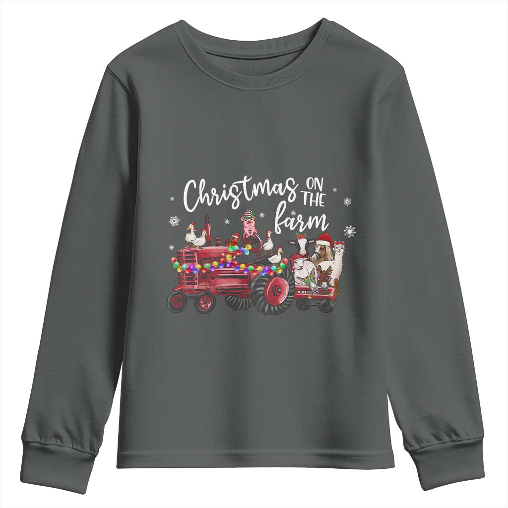 Funny Christmas On The Farm Youth Sweatshirt Vintage Red Tractor Livestock - Wonder Print Shop