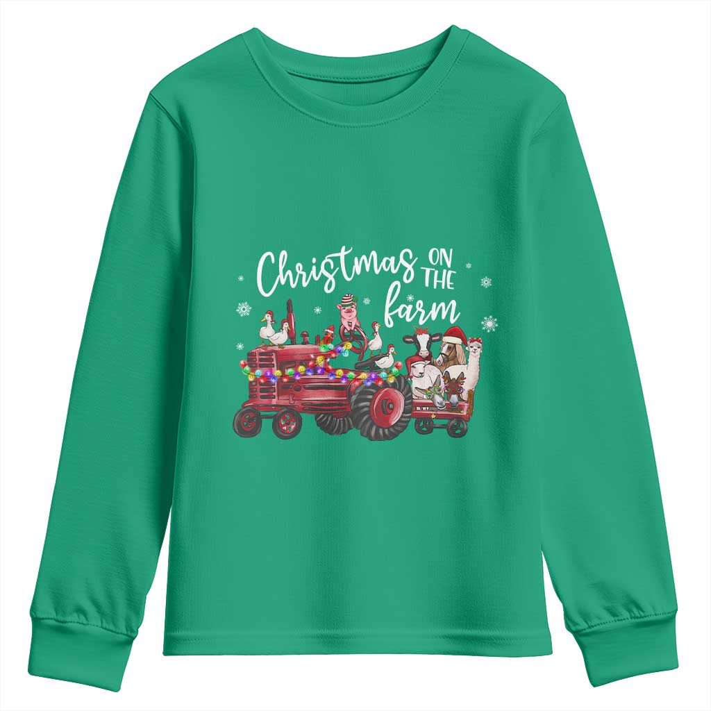 Funny Christmas On The Farm Youth Sweatshirt Vintage Red Tractor Livestock - Wonder Print Shop