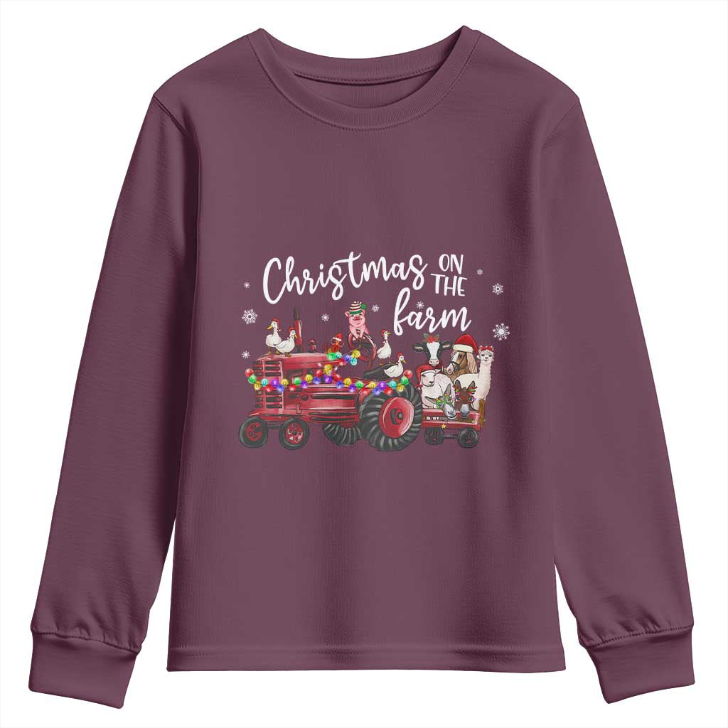 Funny Christmas On The Farm Youth Sweatshirt Vintage Red Tractor Livestock - Wonder Print Shop