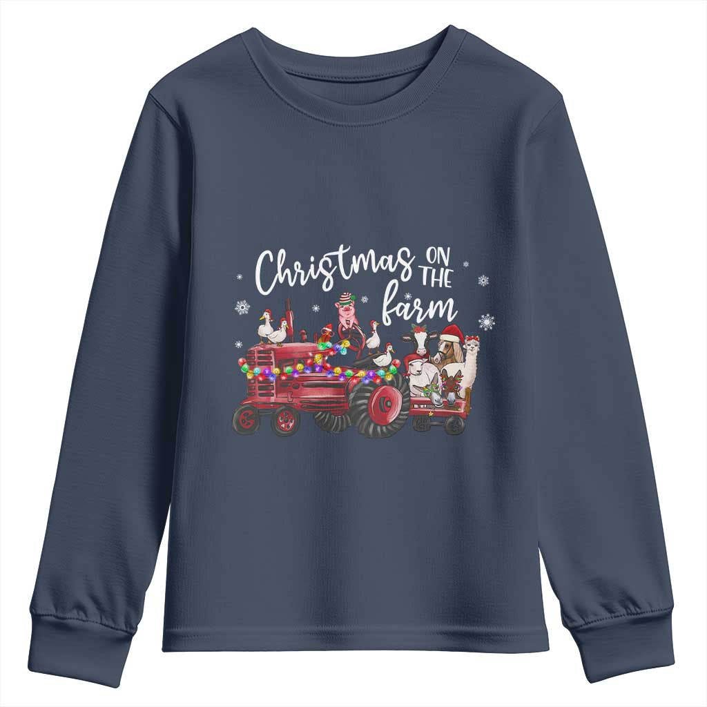 Funny Christmas On The Farm Youth Sweatshirt Vintage Red Tractor Livestock - Wonder Print Shop