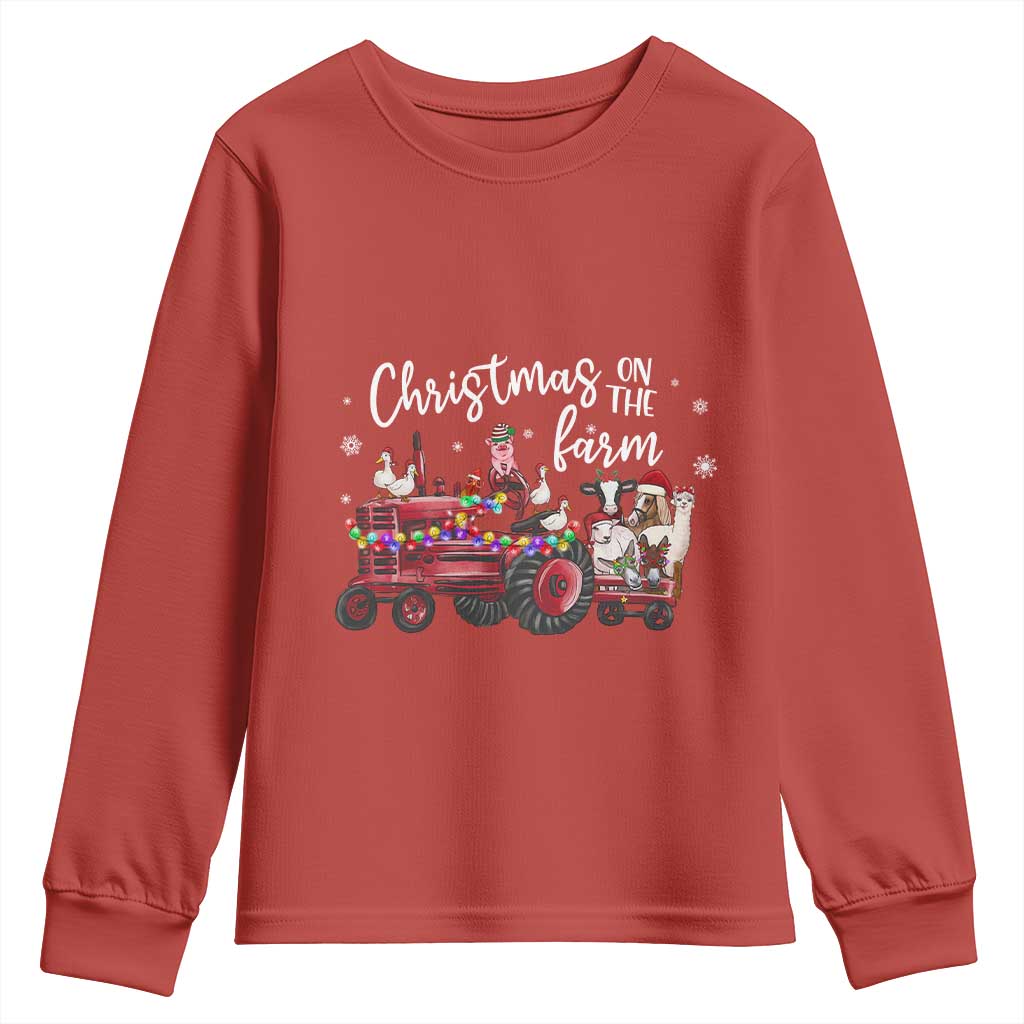 Funny Christmas On The Farm Youth Sweatshirt Vintage Red Tractor Livestock - Wonder Print Shop