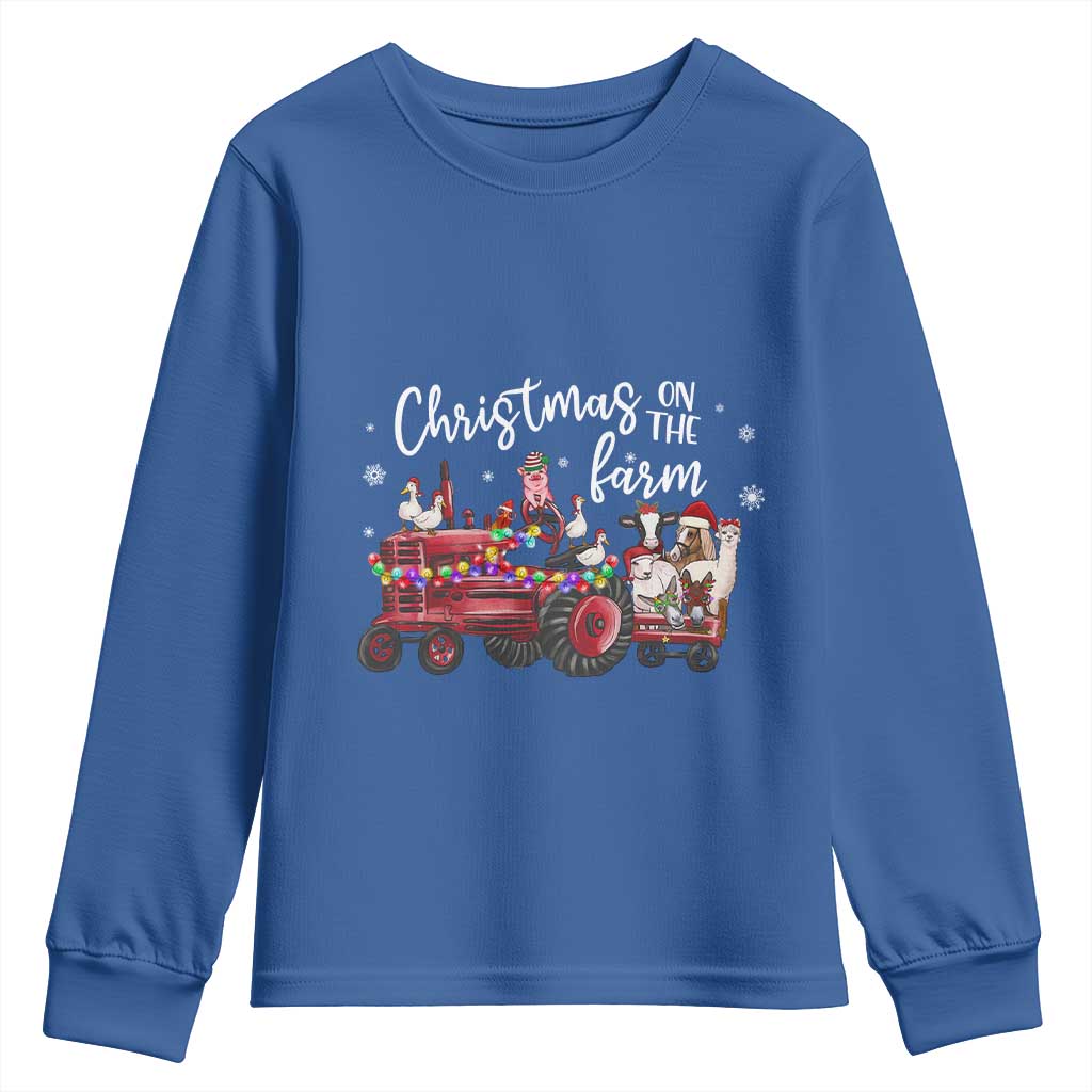 Funny Christmas On The Farm Youth Sweatshirt Vintage Red Tractor Livestock - Wonder Print Shop