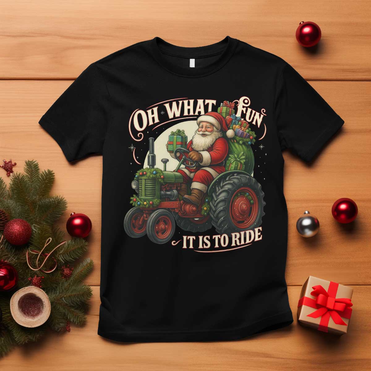 Funny Christmas Farmer T Shirt Oh What Fun It Is To Ride Santa Farm Tractor - Wonder Print Shop
