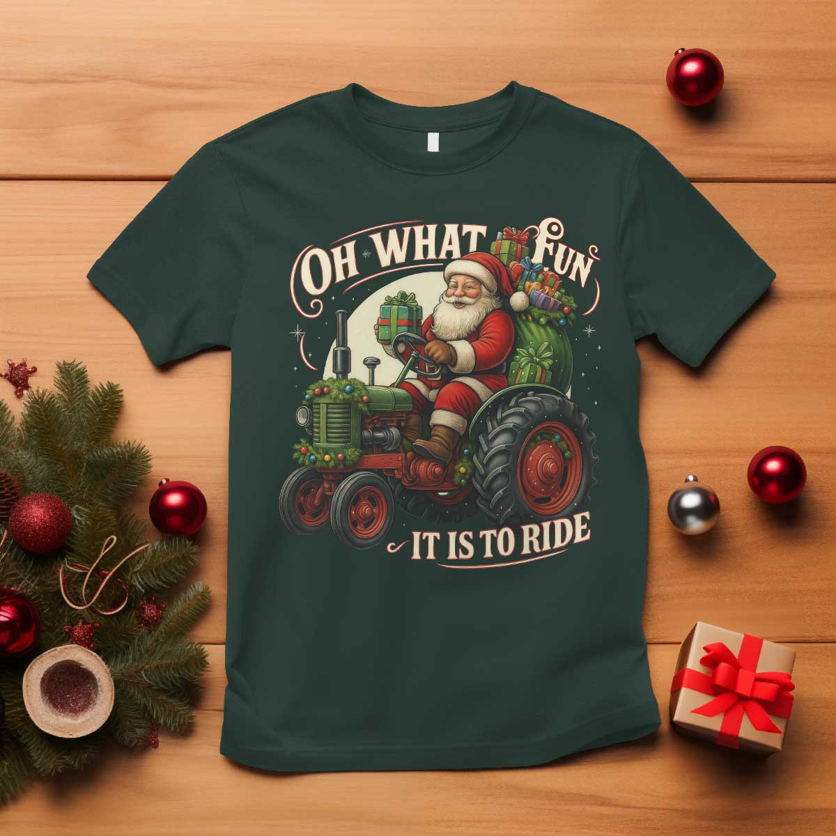 Funny Christmas Farmer T Shirt Oh What Fun It Is To Ride Santa Farm Tractor - Wonder Print Shop
