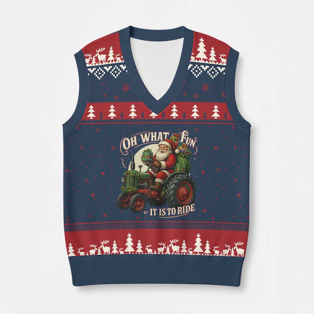 Funny Xmas Farmer V-Neck Knit Sweater Vest Oh What Fun It Is To Ride Santa Farm Tractor - Wonder Print Shop