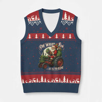 Funny Xmas Farmer V-Neck Knit Sweater Vest Oh What Fun It Is To Ride Santa Farm Tractor - Wonder Print Shop