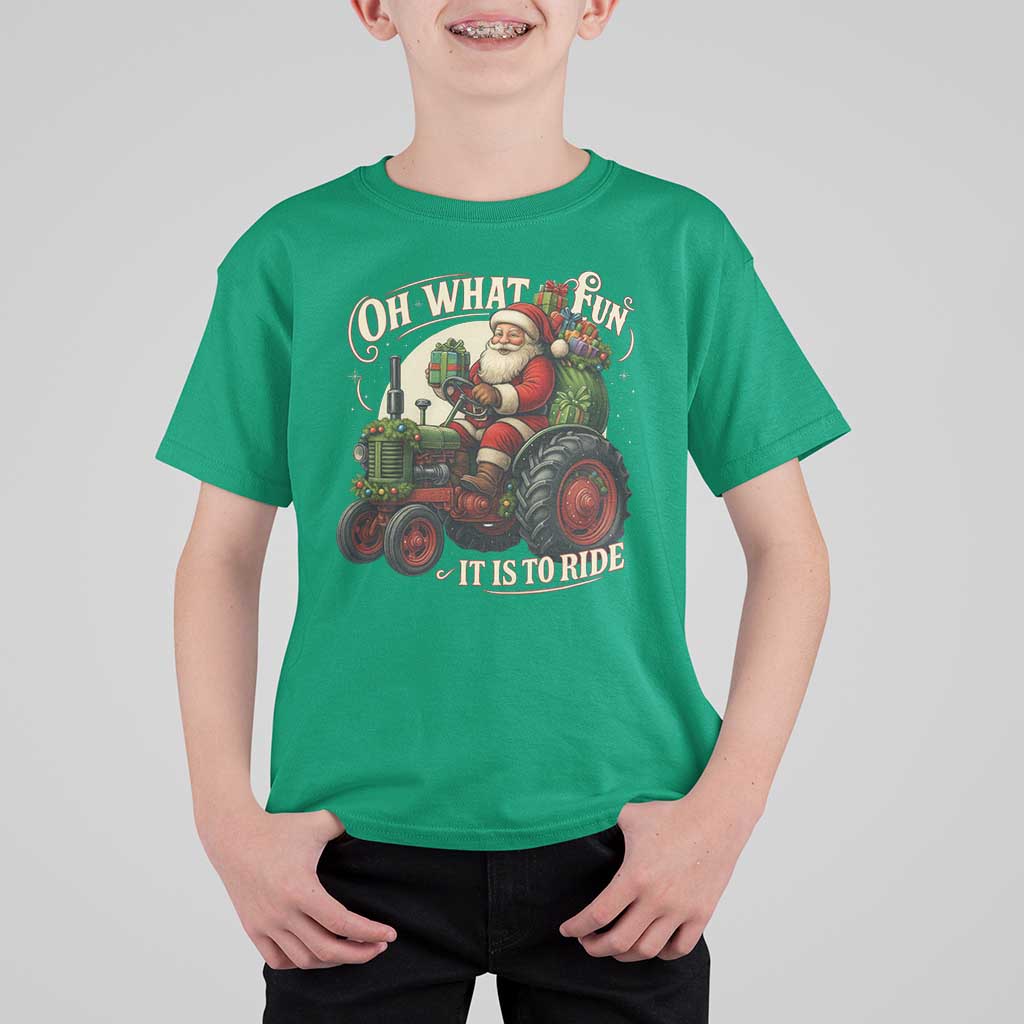 Funny Christmas Farmer T Shirt For Kid Oh What Fun It Is To Ride Santa Farm Tractor - Wonder Print Shop