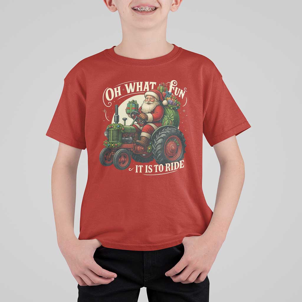 Funny Christmas Farmer T Shirt For Kid Oh What Fun It Is To Ride Santa Farm Tractor - Wonder Print Shop
