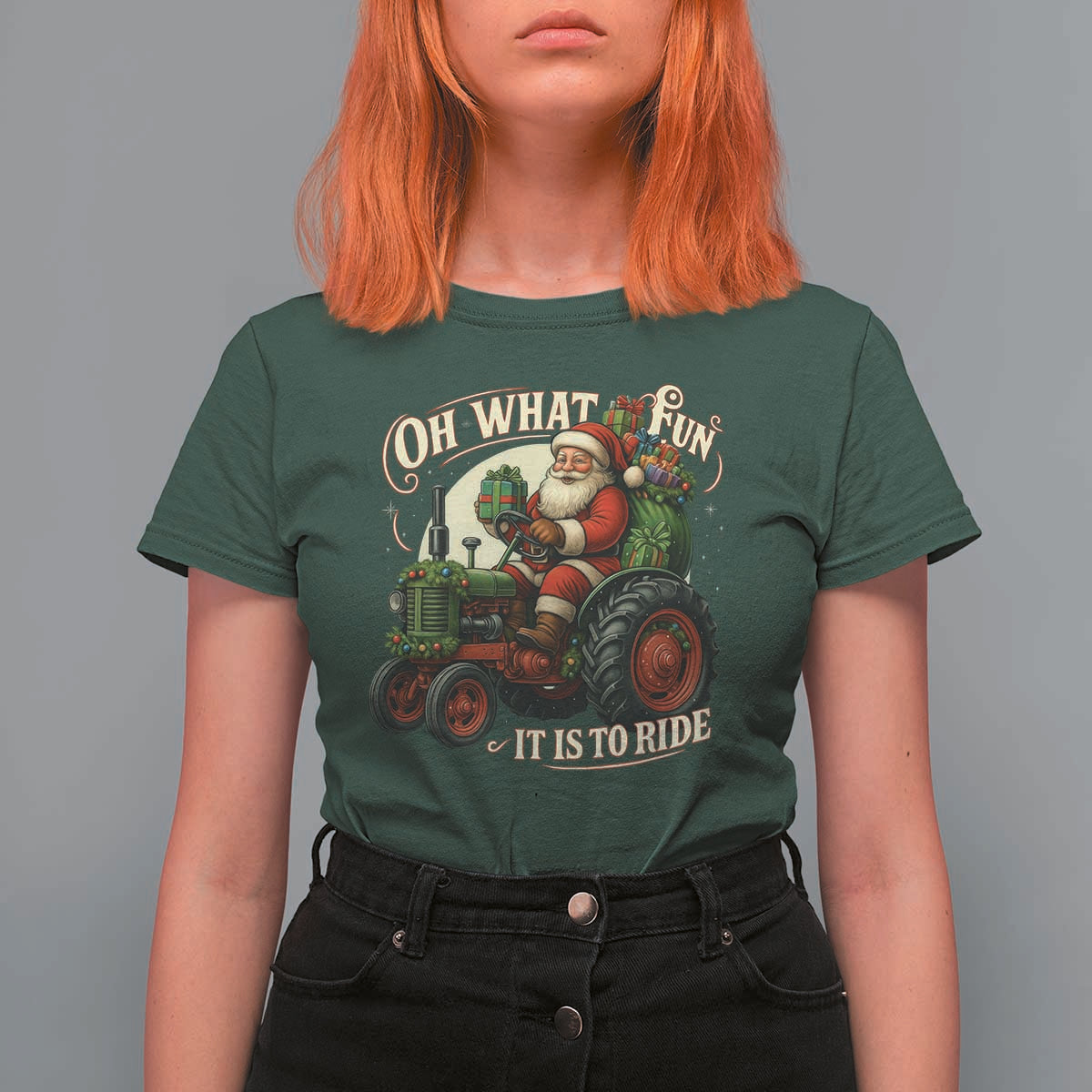 Funny Christmas Farmer T Shirt For Women Oh What Fun It Is To Ride Santa Farm Tractor - Wonder Print Shop