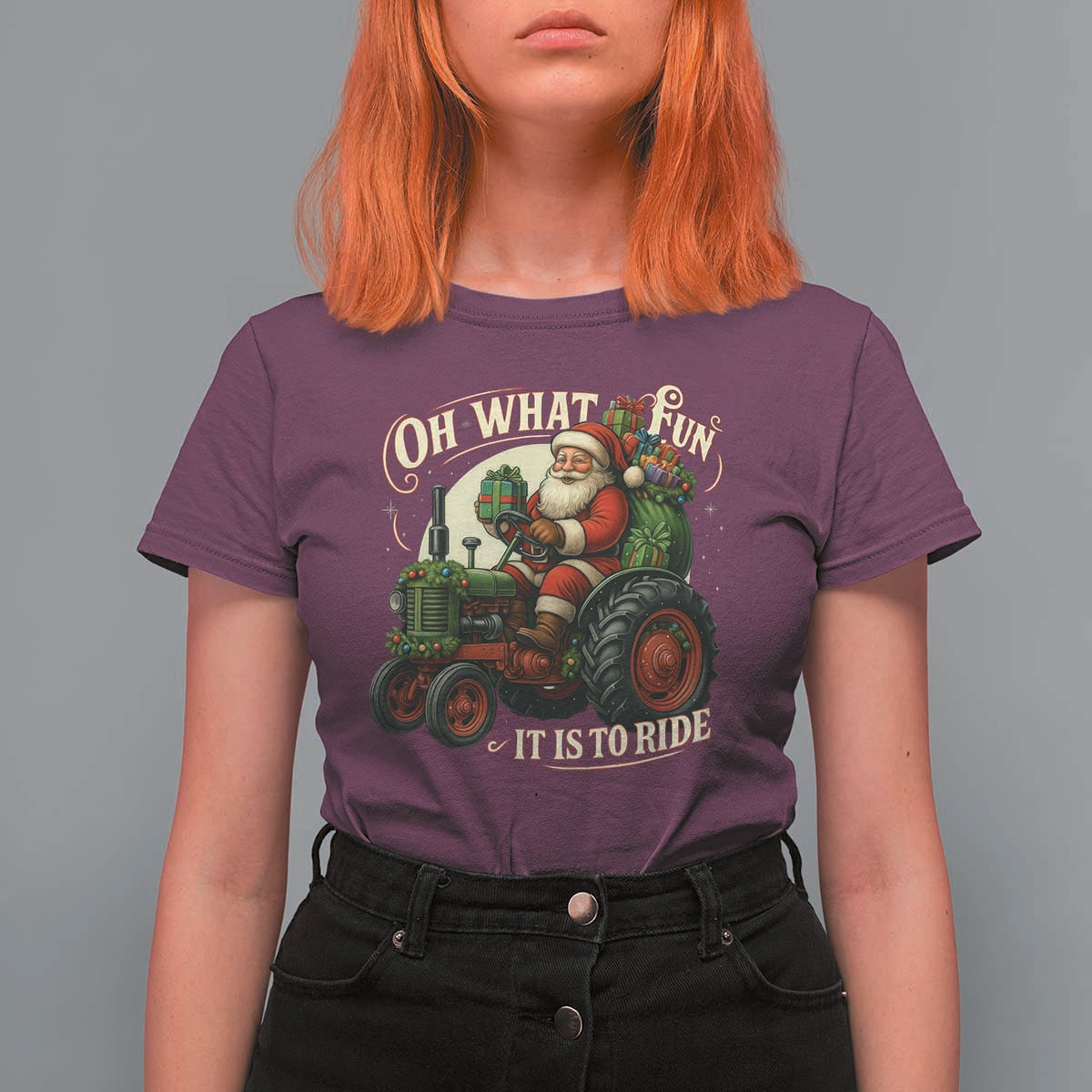 Funny Christmas Farmer T Shirt For Women Oh What Fun It Is To Ride Santa Farm Tractor - Wonder Print Shop