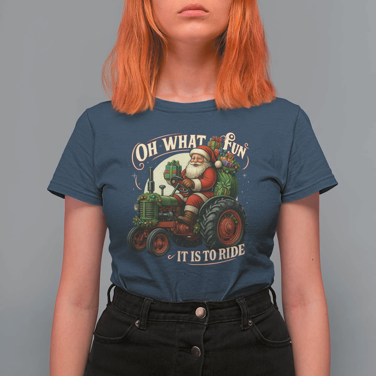 Funny Christmas Farmer T Shirt For Women Oh What Fun It Is To Ride Santa Farm Tractor - Wonder Print Shop