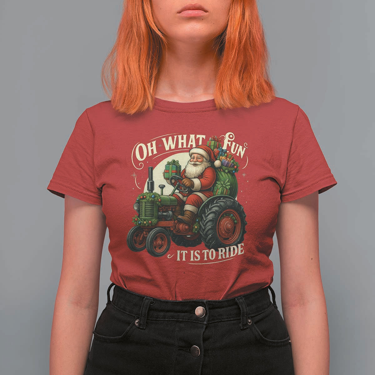Funny Christmas Farmer T Shirt For Women Oh What Fun It Is To Ride Santa Farm Tractor - Wonder Print Shop