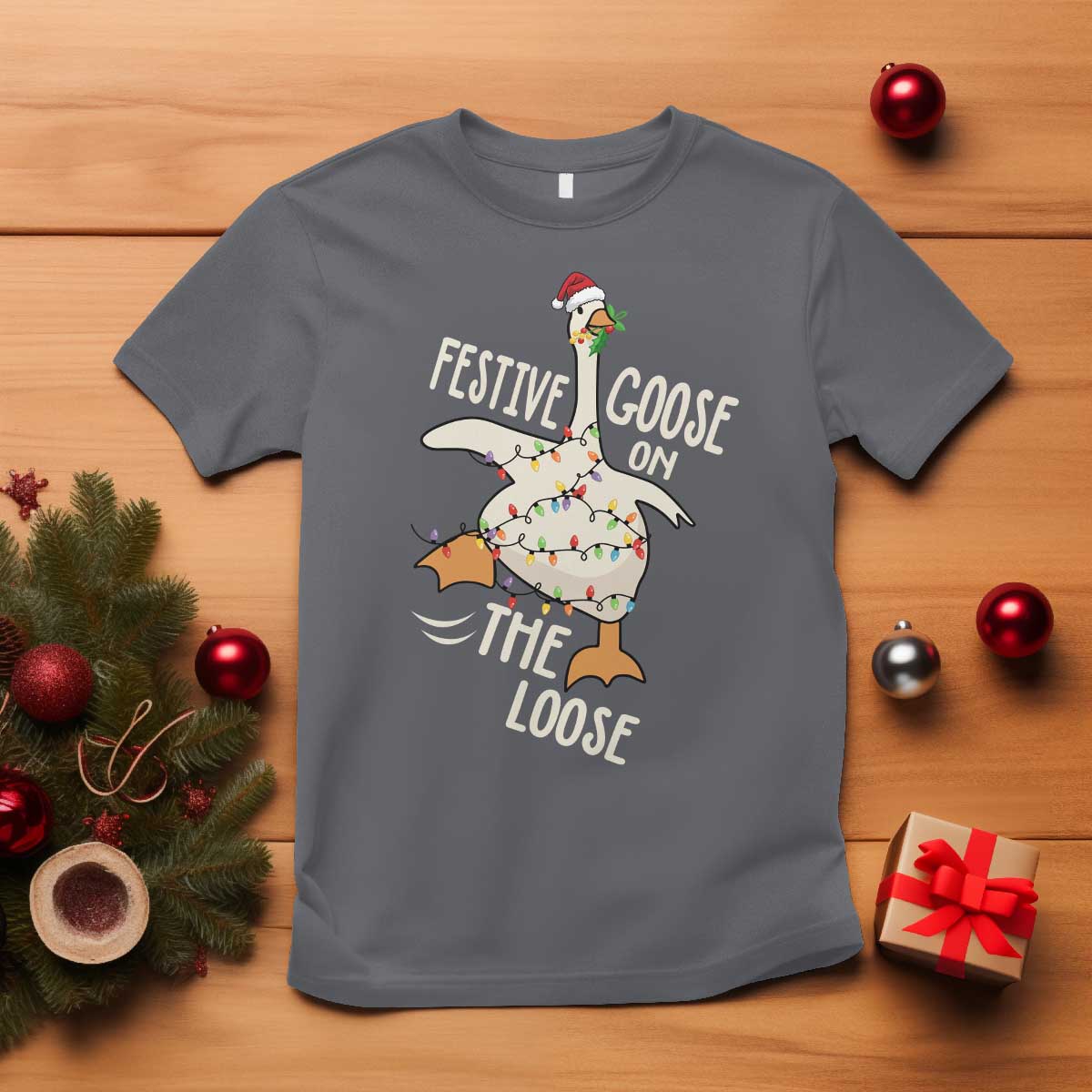 Funny Goose Christmas T Shirt Festive Goose On The Loose Xmas Lights - Wonder Print Shop