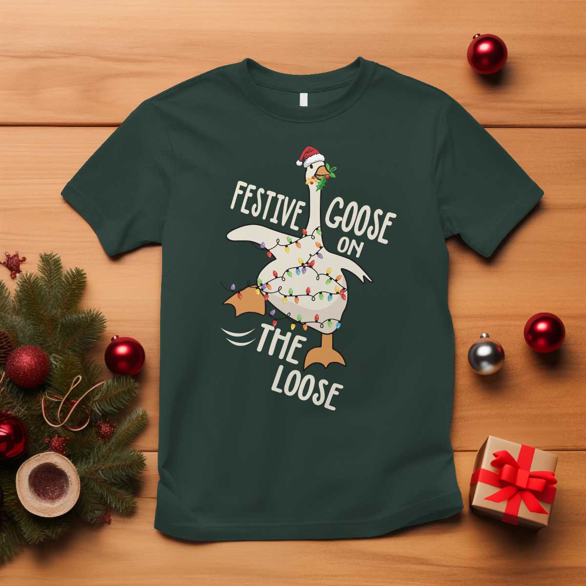 Funny Goose Christmas T Shirt Festive Goose On The Loose Xmas Lights - Wonder Print Shop