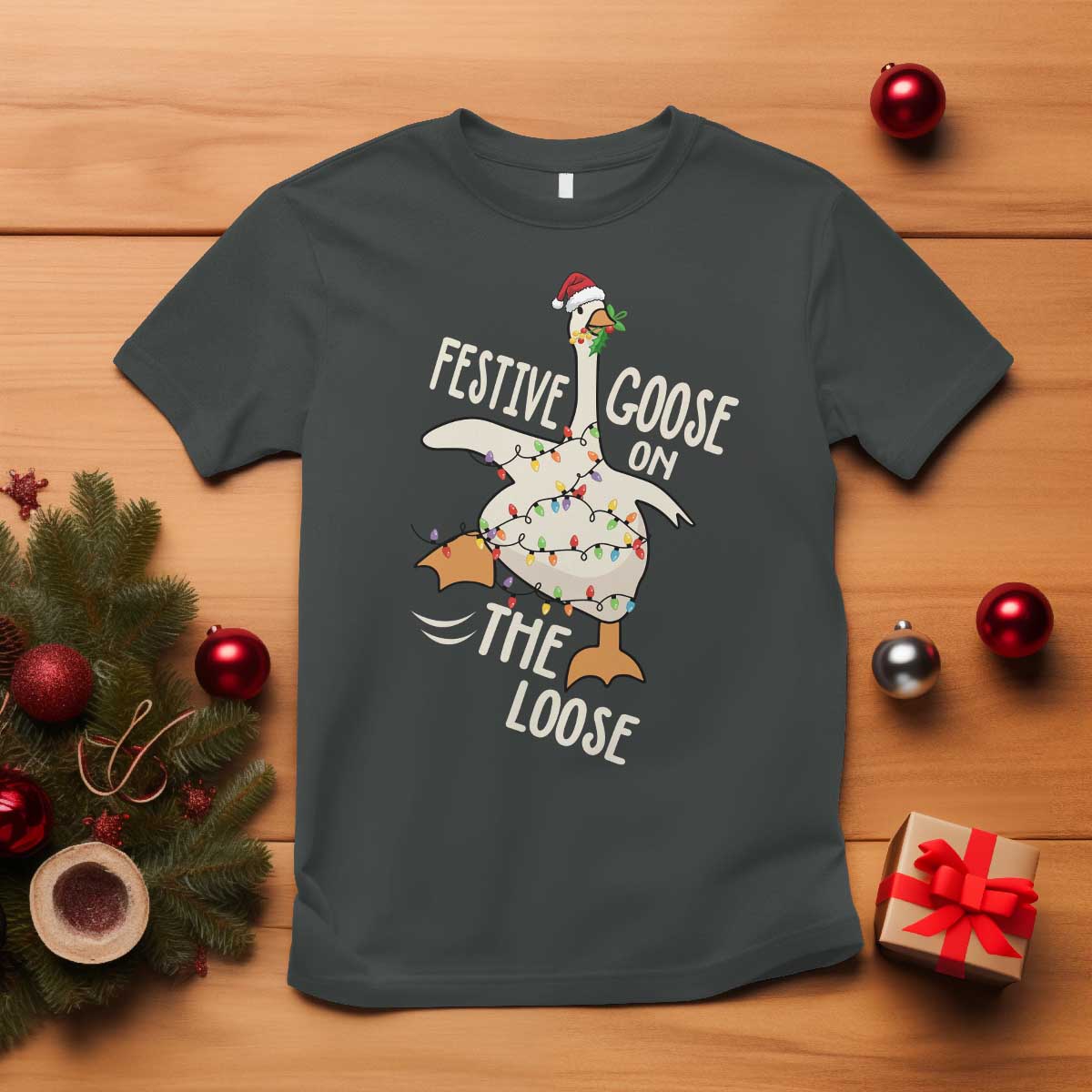 Funny Goose Christmas T Shirt Festive Goose On The Loose Xmas Lights - Wonder Print Shop