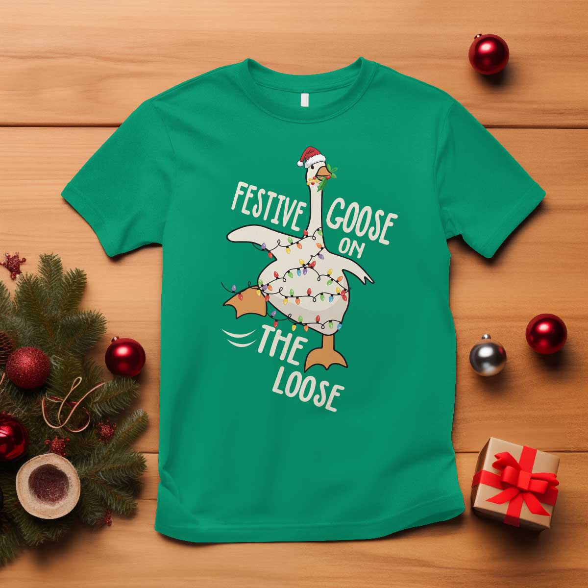 Funny Goose Christmas T Shirt Festive Goose On The Loose Xmas Lights - Wonder Print Shop