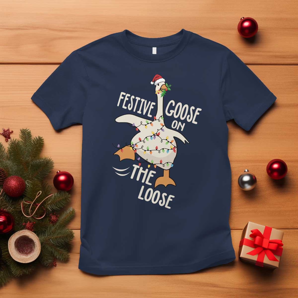 Funny Goose Christmas T Shirt Festive Goose On The Loose Xmas Lights - Wonder Print Shop