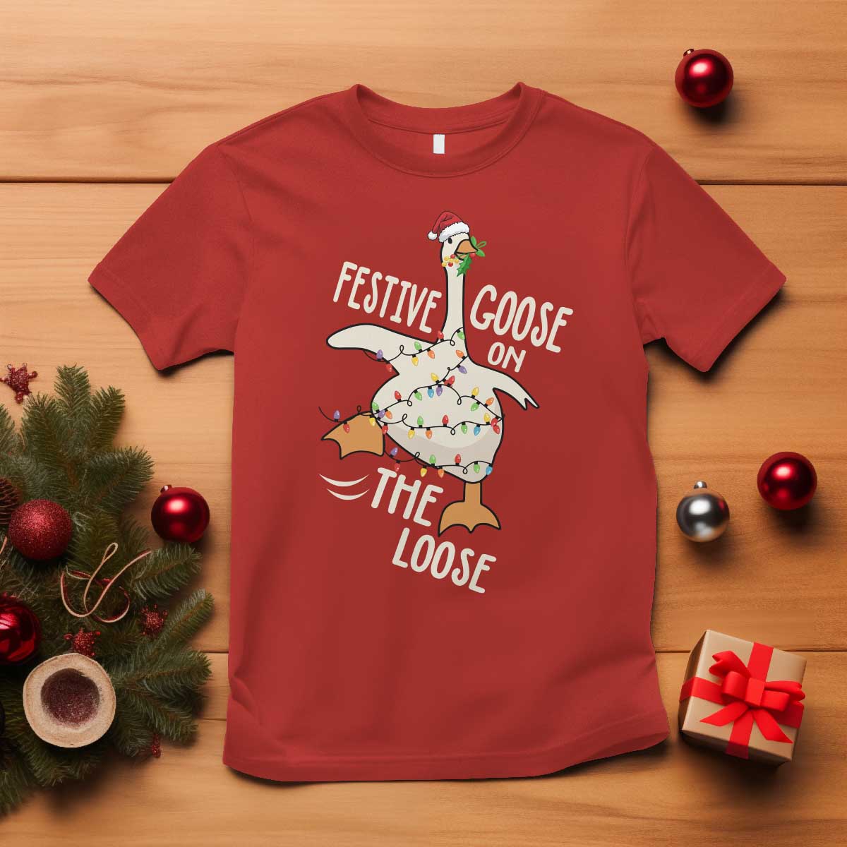 Funny Goose Christmas T Shirt Festive Goose On The Loose Xmas Lights - Wonder Print Shop