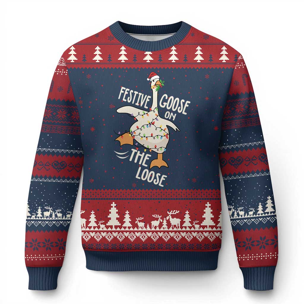 Funny Goose Xmas Ugly Christmas Sweater Festive Goose On The Loose Xmas Lights - Wonder Print Shop