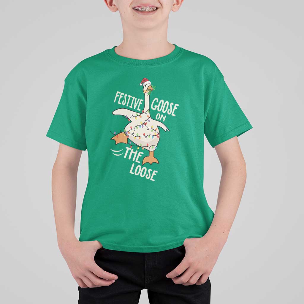 Funny Goose Christmas T Shirt For Kid Festive Goose On The Loose Xmas Lights - Wonder Print Shop