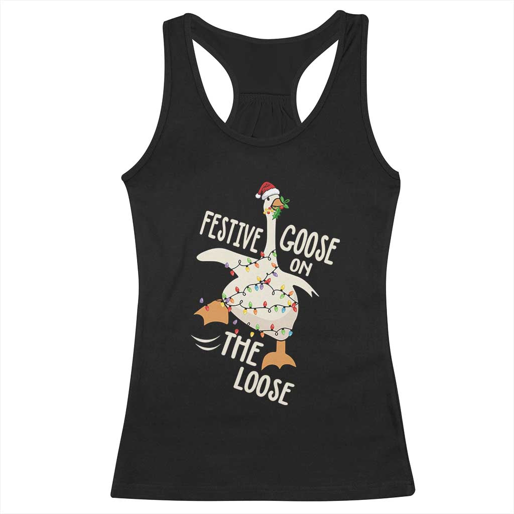 Funny Goose Christmas Racerback Tank Top Festive Goose On The Loose Xmas Lights - Wonder Print Shop