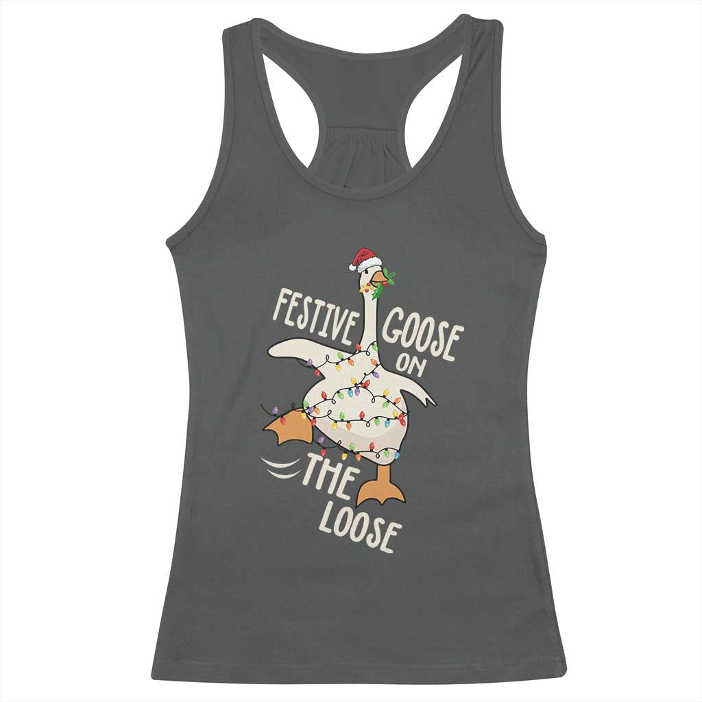Funny Goose Christmas Racerback Tank Top Festive Goose On The Loose Xmas Lights - Wonder Print Shop