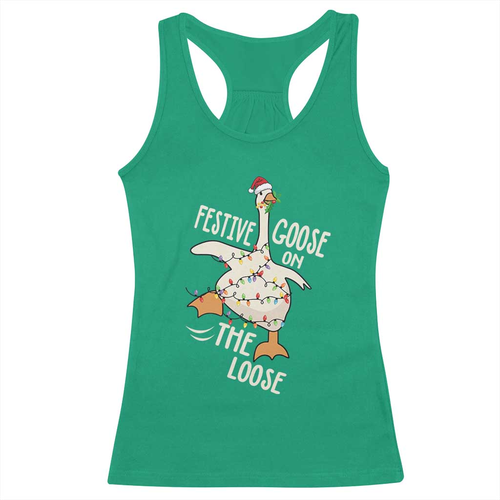 Funny Goose Christmas Racerback Tank Top Festive Goose On The Loose Xmas Lights - Wonder Print Shop