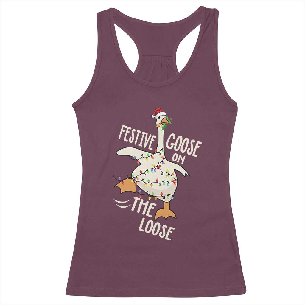 Funny Goose Christmas Racerback Tank Top Festive Goose On The Loose Xmas Lights - Wonder Print Shop