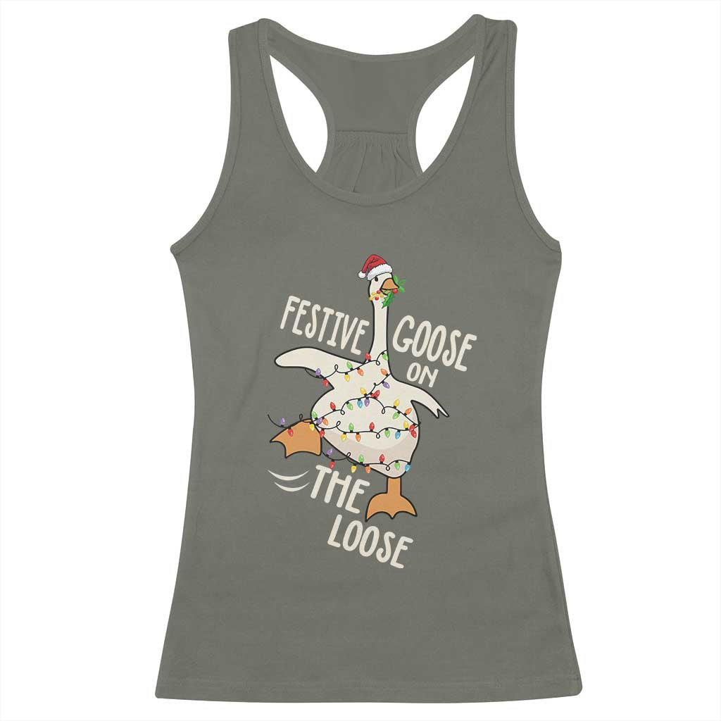 Funny Goose Christmas Racerback Tank Top Festive Goose On The Loose Xmas Lights - Wonder Print Shop