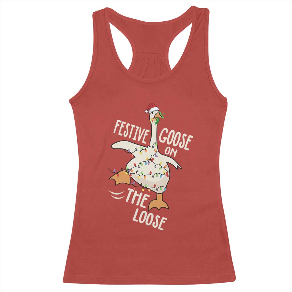 Funny Goose Christmas Racerback Tank Top Festive Goose On The Loose Xmas Lights - Wonder Print Shop